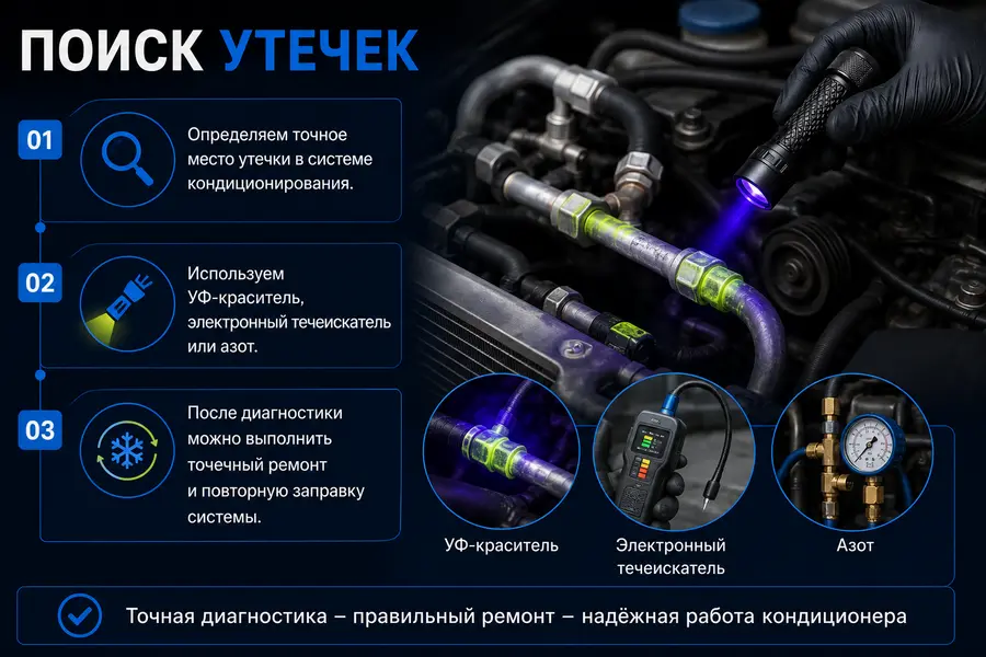 поиск утечек в автокондиционере