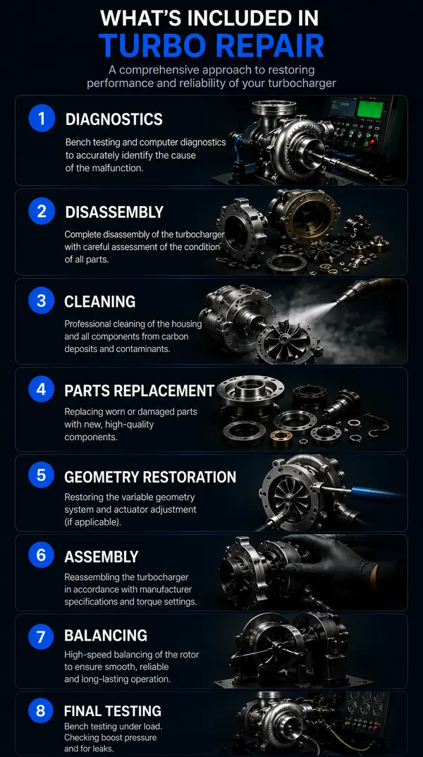 A turbocharger repair may include the following work